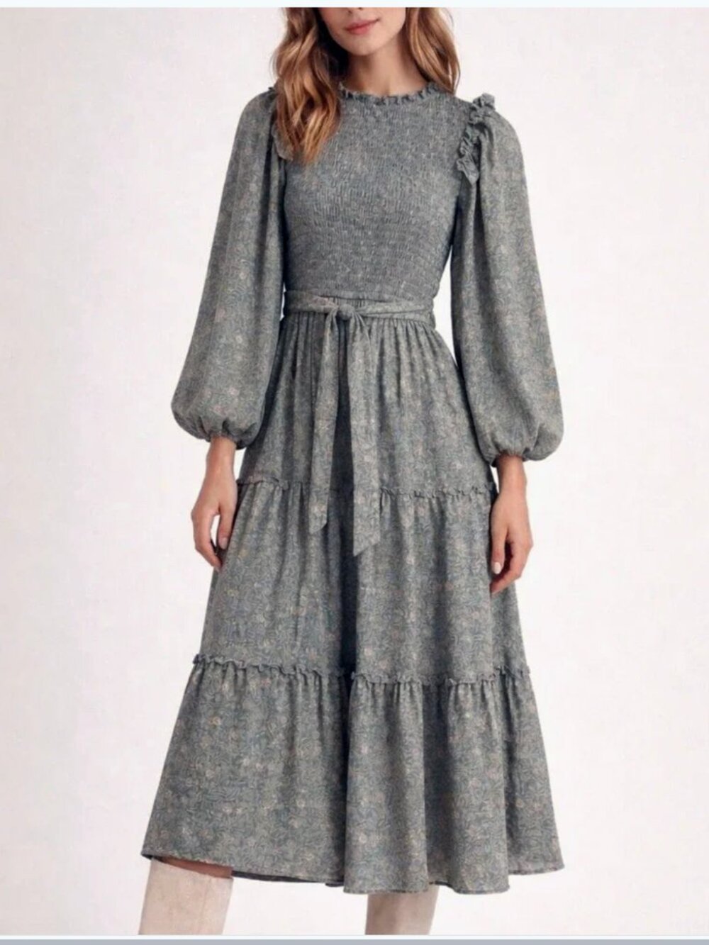 Moon River Floral Smocked Midi Dress with Puff Sleeves